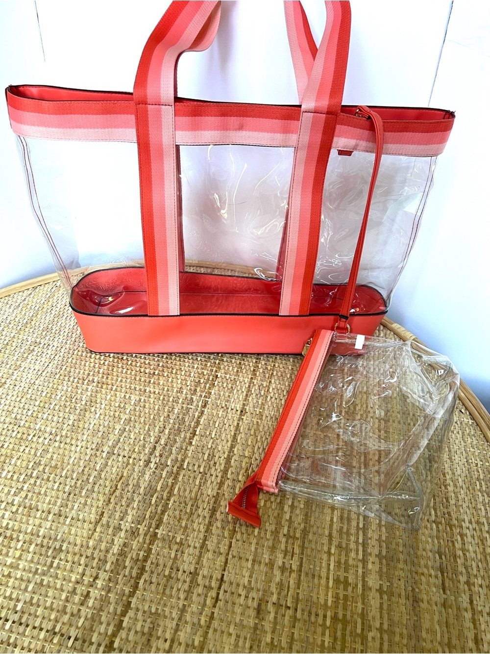 Time and Tru Women’s Tote & Pouch Set, 2-Piece clear w Orange striped handles
